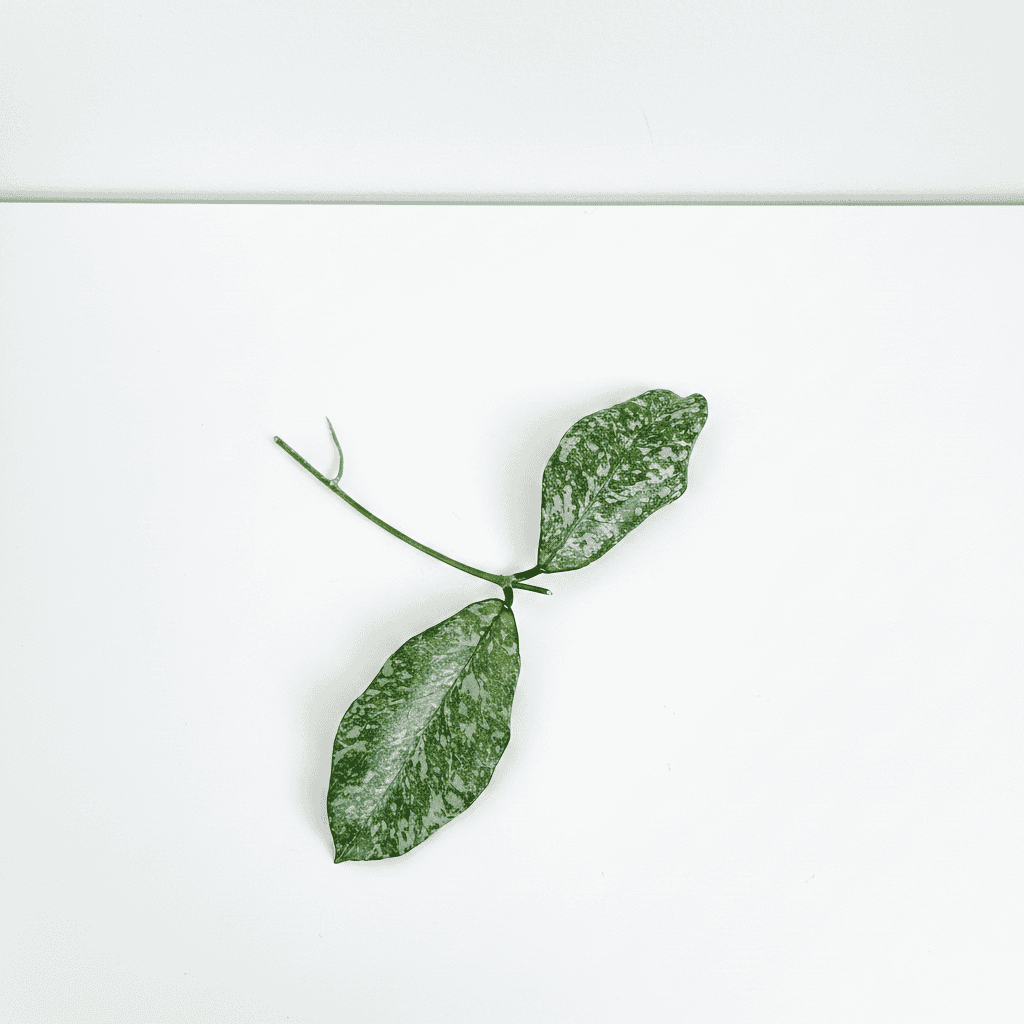 Hoya plant leaf on white background Hoya plant leaf with variegated green and white pattern, showcasing its unique foliage.