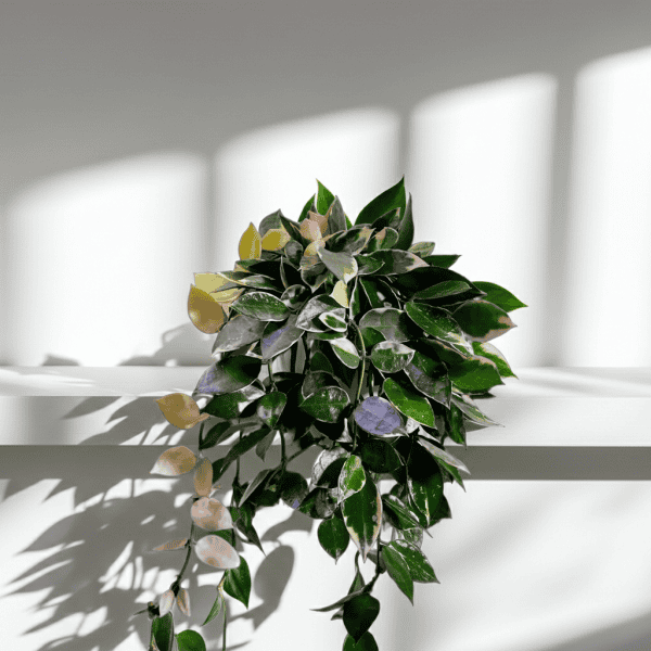 Hoya plant with variegated leaves on a white shelf, natural light.