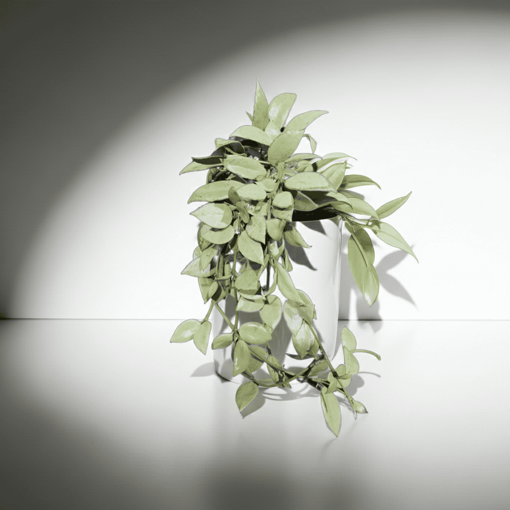 Hoya plant with green leaves in a white pot, ideal for indoor gardening.