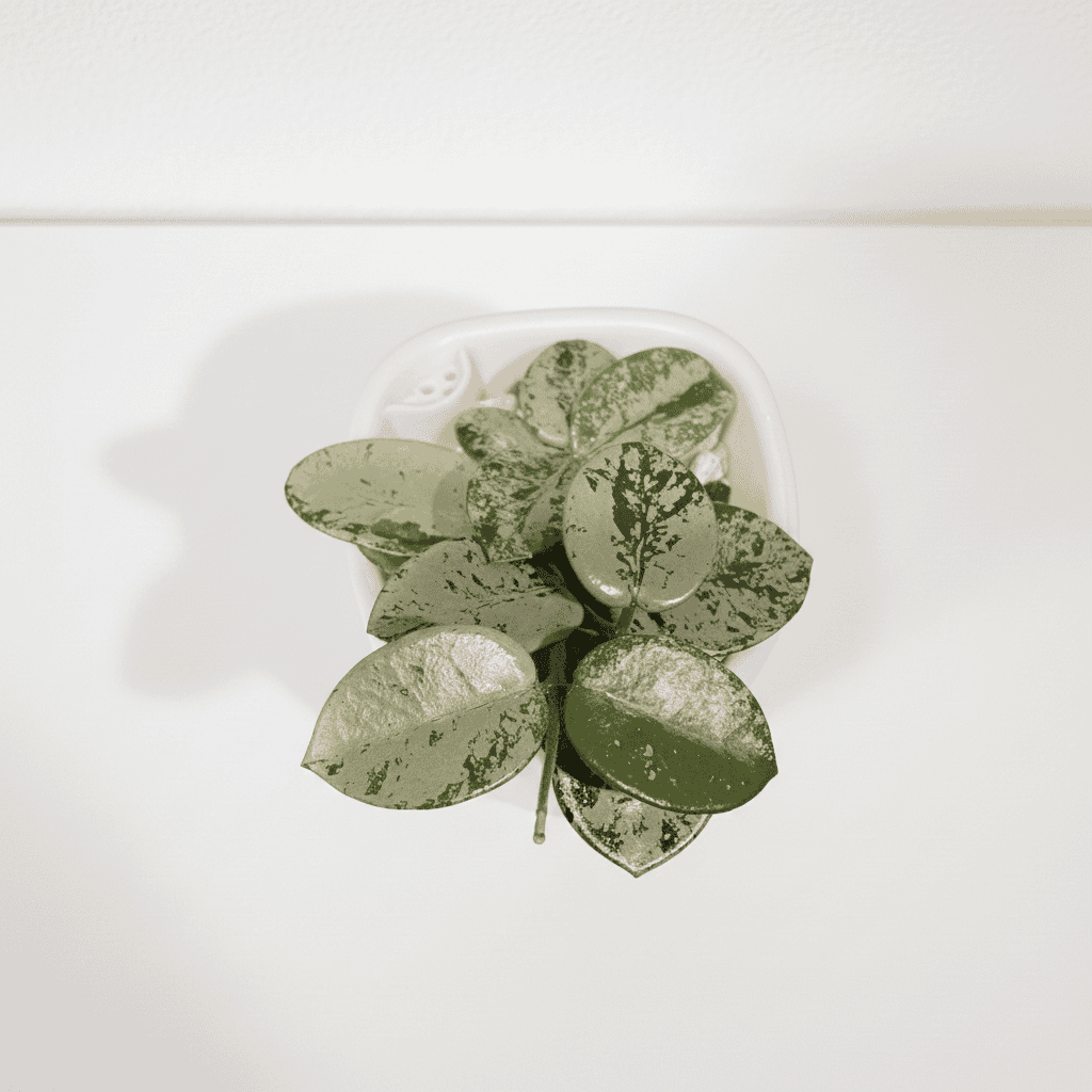 Hoya plant with variegated leaves in a white pot, perfect for indoor gardening.