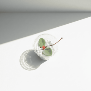 Hoya plant cutting with leaves in a clear cup on white background.