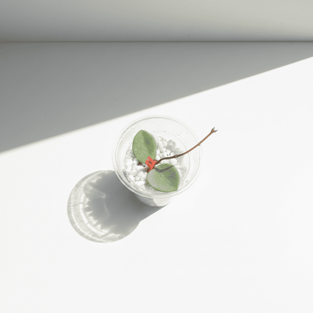 Hoya plant cutting with leaves in a clear cup on white background.